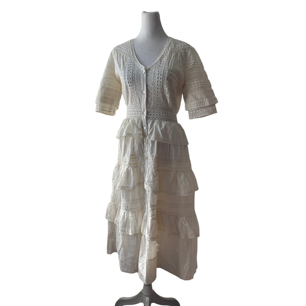 LoveShackFancy Rebecca 100% Cotton White Lace Embroidered Tiered Midi Dress - Picture 7 of 14